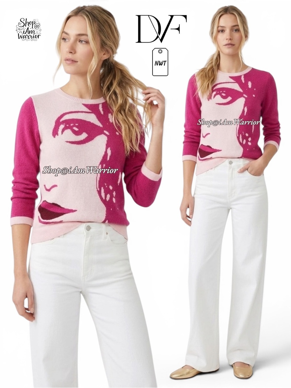 Diane von Furstenburg NWT rare lady half face pink sweater *shop@iamwarrior